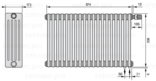 Схема (чертеж) Радиатор Zehnder Charleston 5090/19 №V002 Белый глянцевый RAL 9016